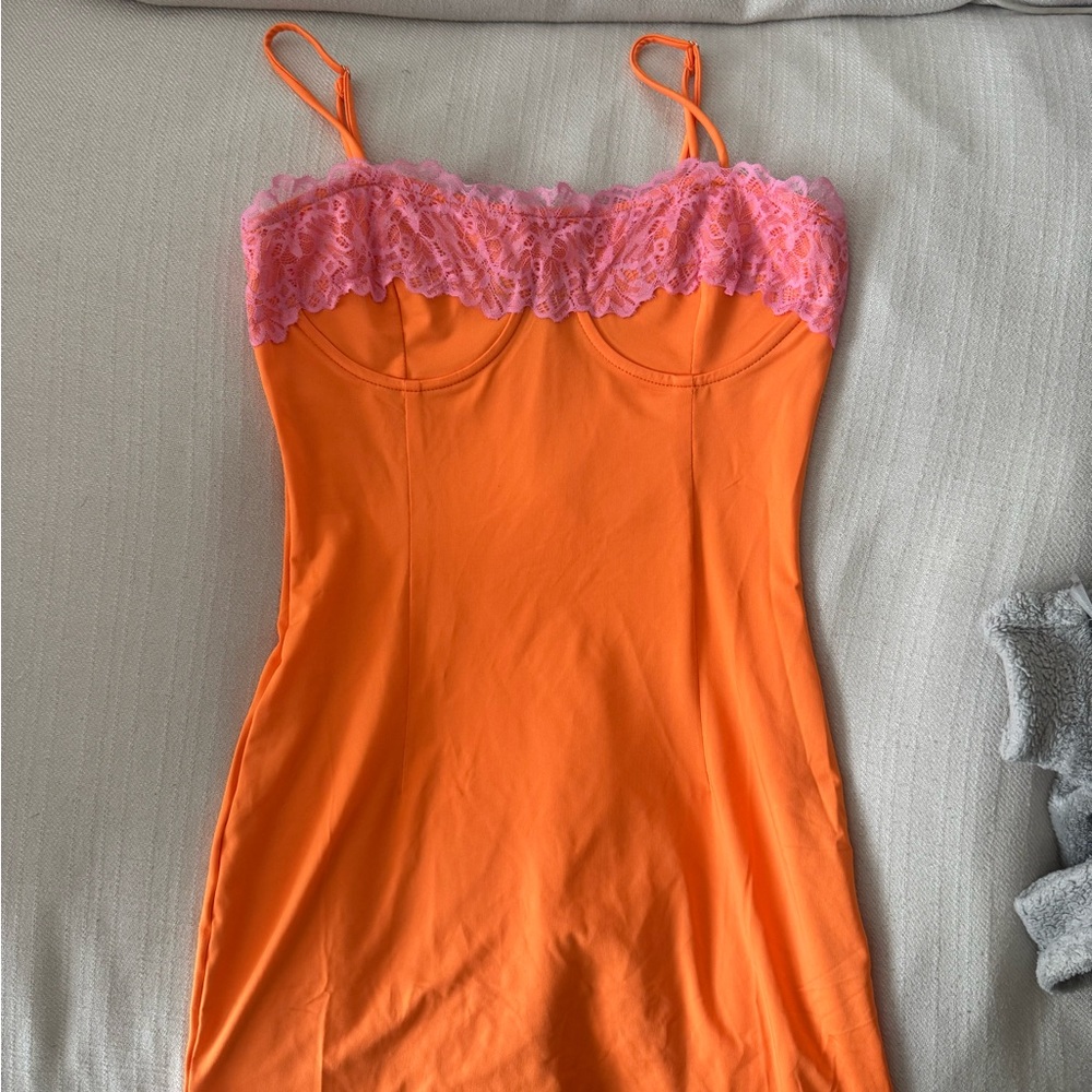 PrettyLittleThing Orange Pink Lace Chemise